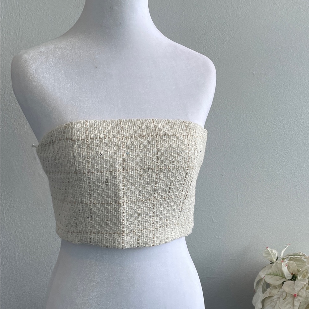 Cream Strapless Tweed Tube Top